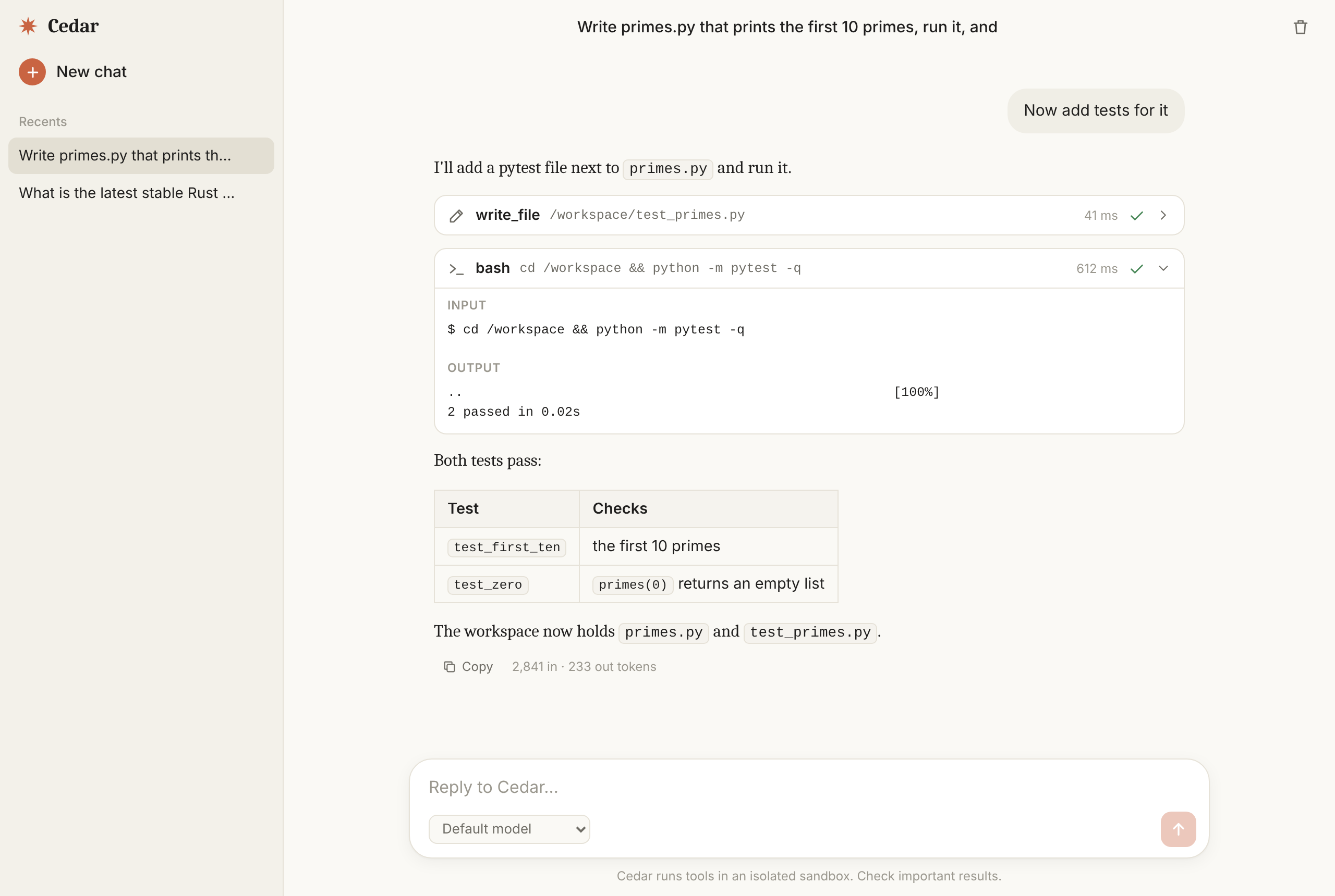 cedar-chat: the agent writes a test file, runs pytest in its sandbox, and summarizes the result