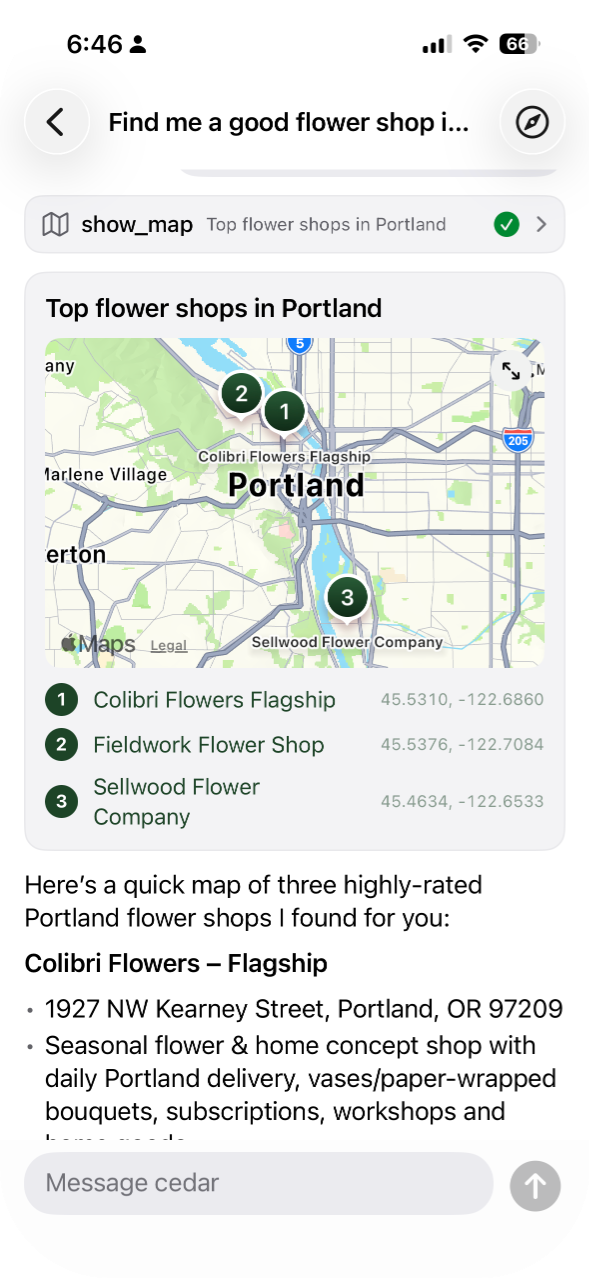 Cedar for iPhone showing flower shops on an Apple Maps card
