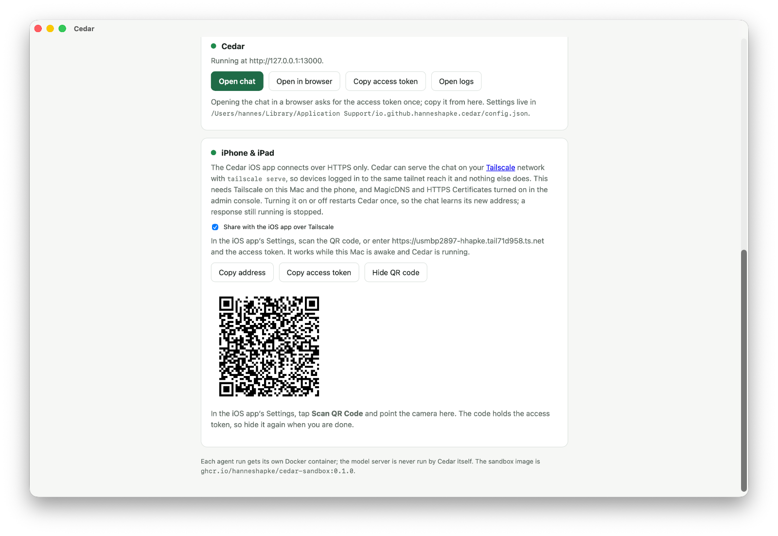 Cedar for Mac showing the QR code that pairs the iPhone app