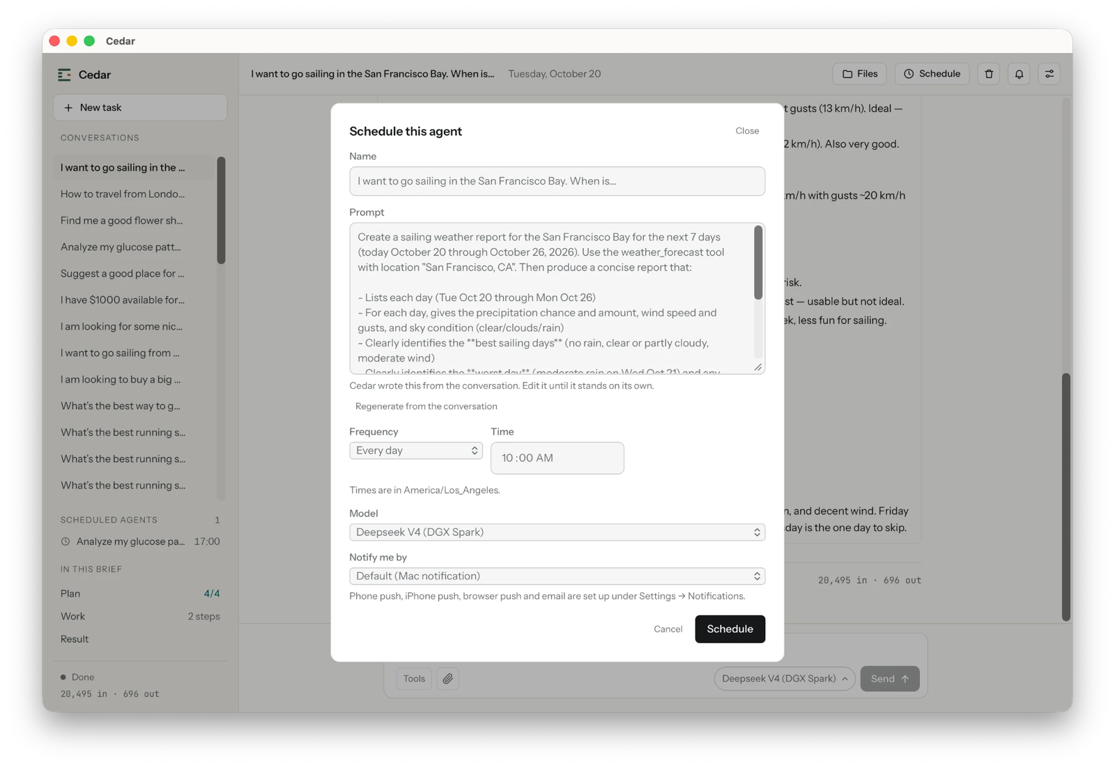 Cedar for Mac scheduling a daily sailing weather report for 10:00 AM