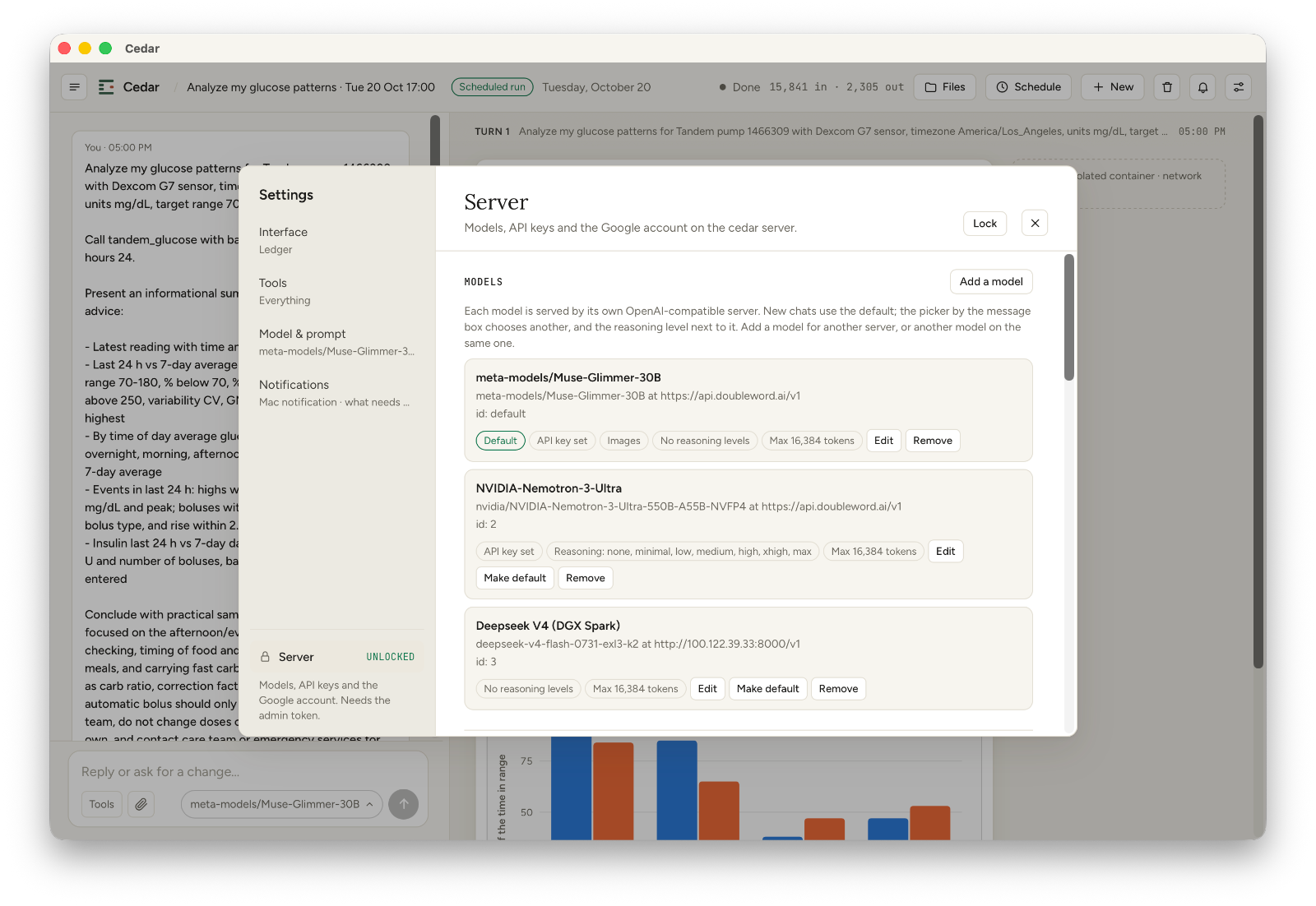 Cedar settings listing three models you can switch between