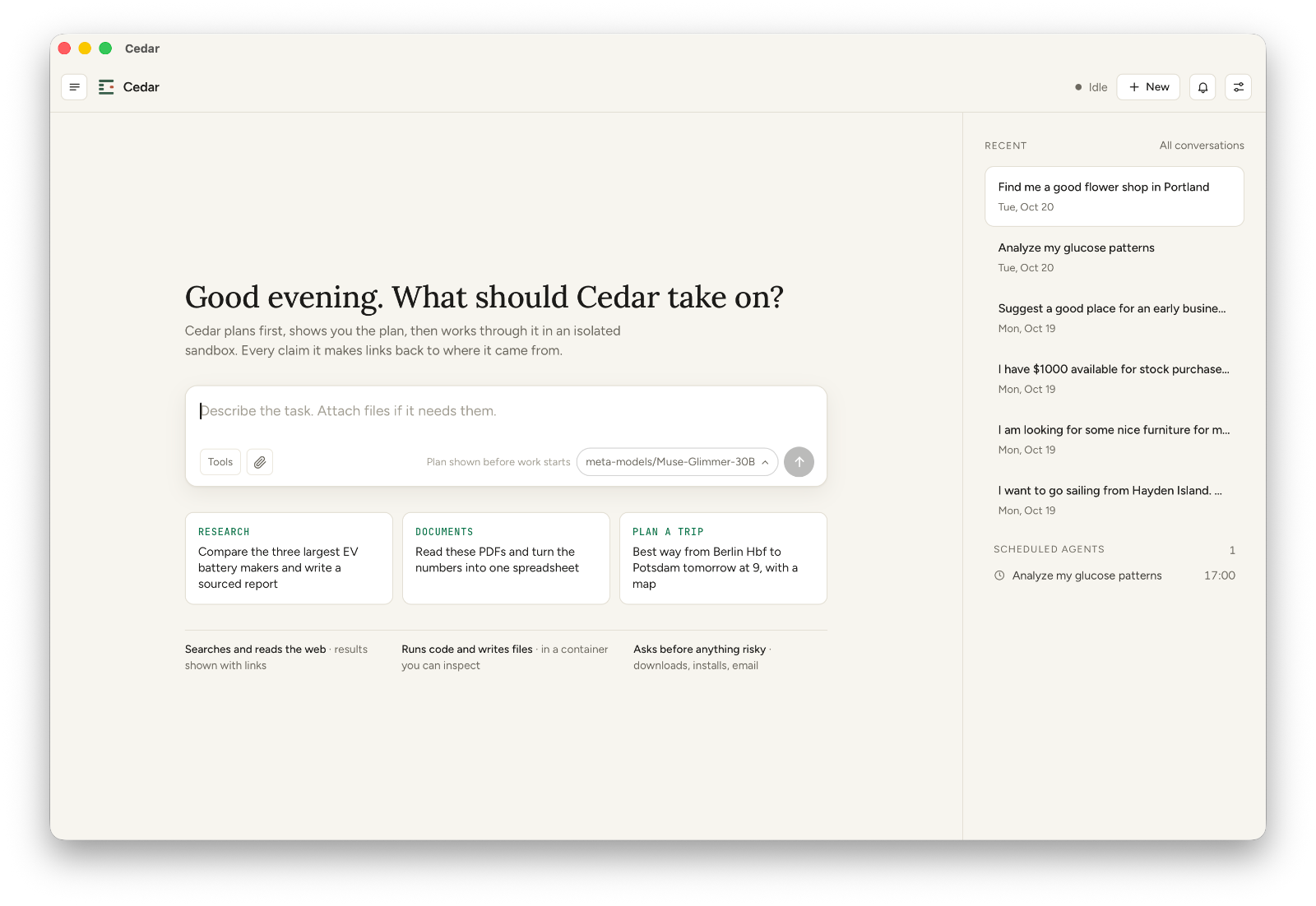 Cedar for Mac, ready for a new task, with recent conversations and a scheduled agent